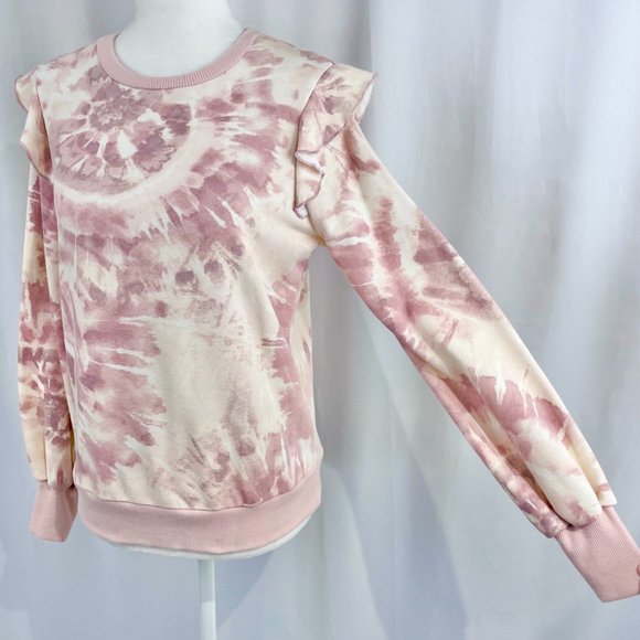New Marled Tie Dye Ruffle Trim Long Sleeve Crewneck Sweatshirt Pink Size XS - Picture 5 of 16